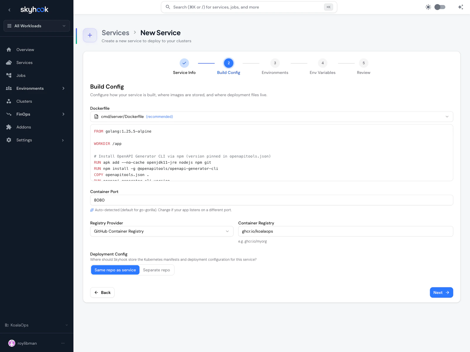 Build Config step showing a Dockerfile section ('No Dockerfile found. Skyhook will generate one based on your project.'), Container Port field, Registry Provider dropdown, Container Registry field, and Deployment Config section with 'Same repo as service' / 'Separate repo' radio buttons