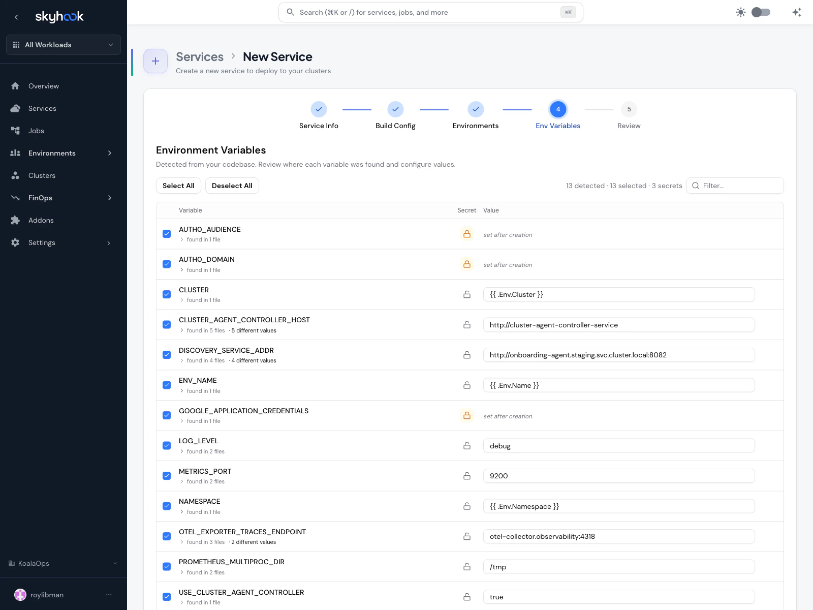 Env Variables step showing 13 detected variables from koala-backend with checkboxes for selection, secret toggle indicators, 'found in N files' annotations, value columns, and auto-populated defaults like 'Env.Cluster', 'http://cluster-agent-controller-service:8080', 'Debug', and '8080'