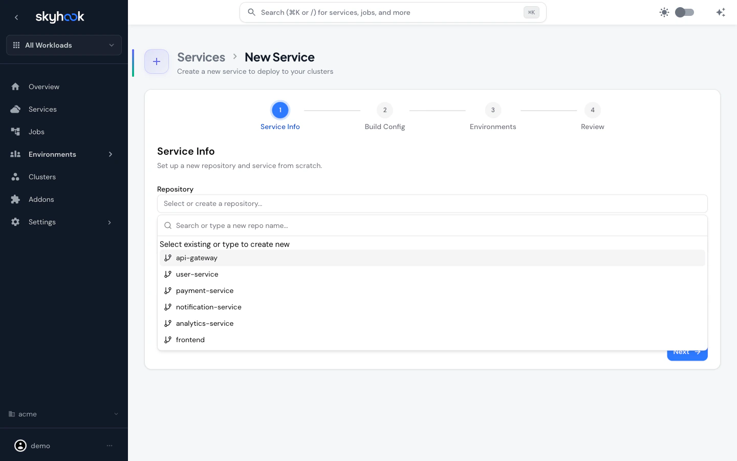 Repository picker dropdown showing existing repositories (api-gateway, payment-service, notification-service, analytics-service, frontend) with a search box and a 'Select existing or type to create new' label