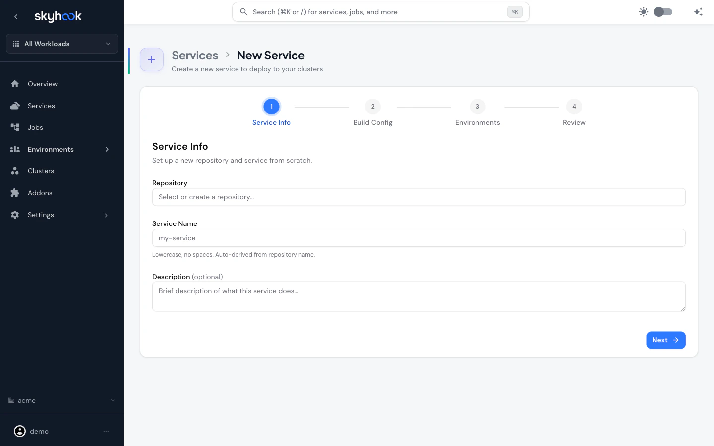 Service wizard step 1 showing the 4-step progress stepper, Service Info heading, Repository dropdown, Service Name field, and Description field