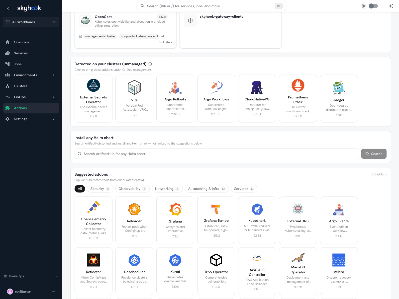 Addons catalog section showing the Install any Helm chart search box and Suggested addons tabs with category filters - All, Security, Observability, Networking, Autoscaling & Infra, Services