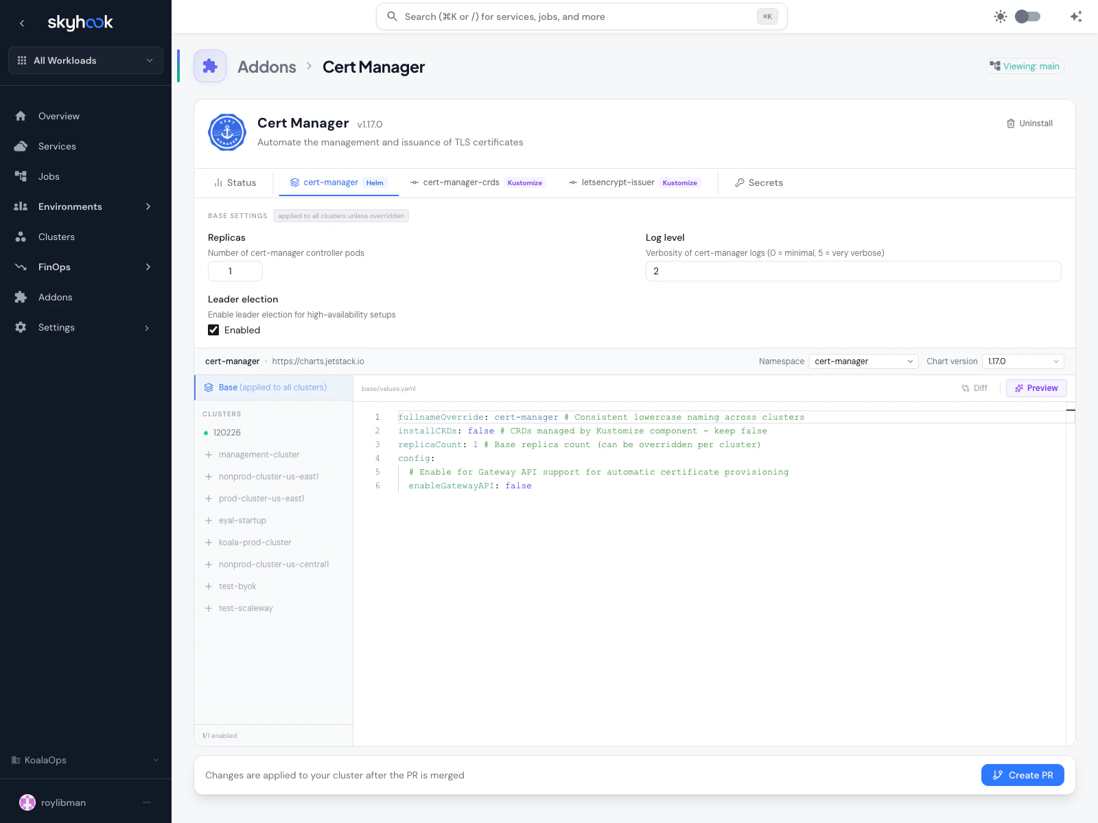 Cert Manager Helm editor showing Base Settings at top with curated fields (Replicas, Log level, Leader election), a Clusters sidebar on the left listing all org clusters with enable toggles, and a YAML editor on the right showing base/values.yaml with Diff and Preview buttons