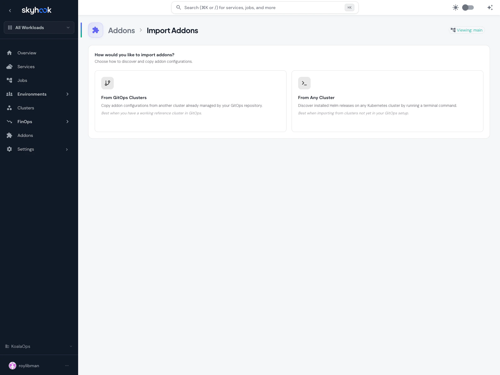 Import Addons page with two cards - From GitOps Clusters (copy configurations from another cluster in the GitOps repo) and From Any Cluster (discover Helm releases via terminal command)