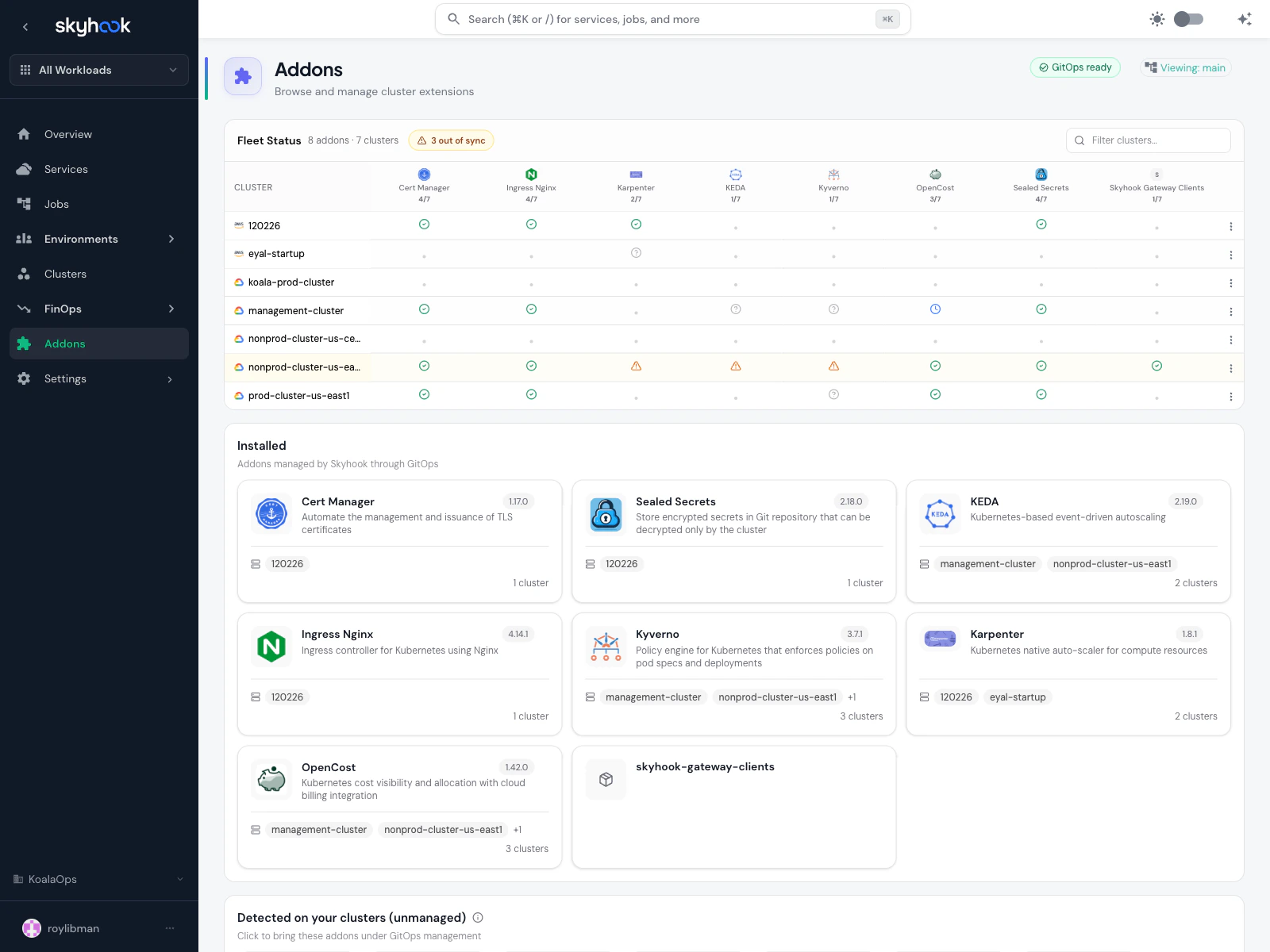 Addons main page showing the Fleet Status table across 5 clusters and the Installed section with cert-manager, external secrets operator, sealed secrets, and other addons