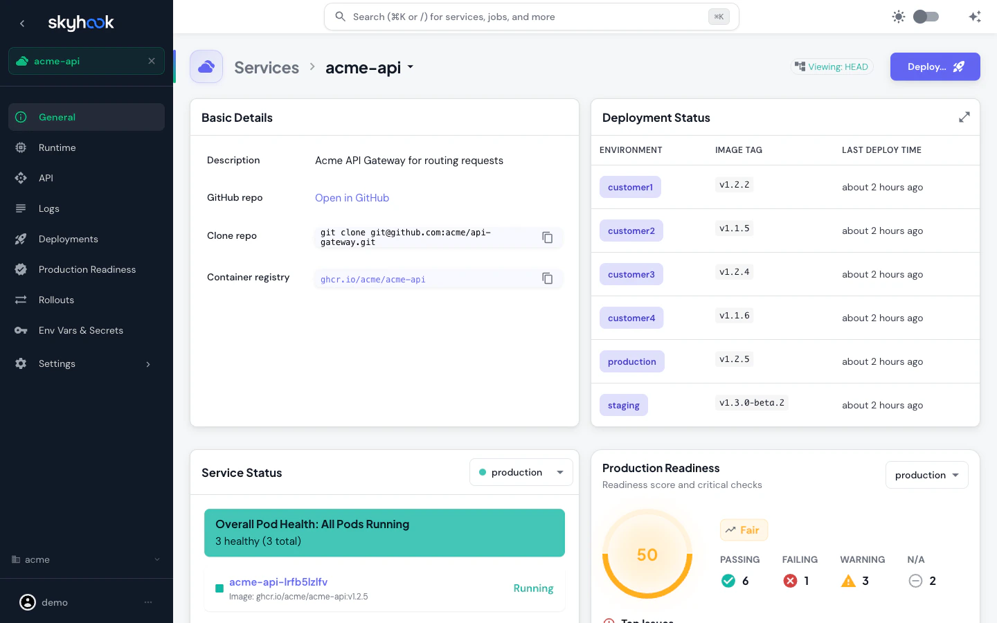 Service detail page for acme-api showing the green 'Viewing: HEAD' chip next to the service title, with Basic Details and Deployment Status sections below