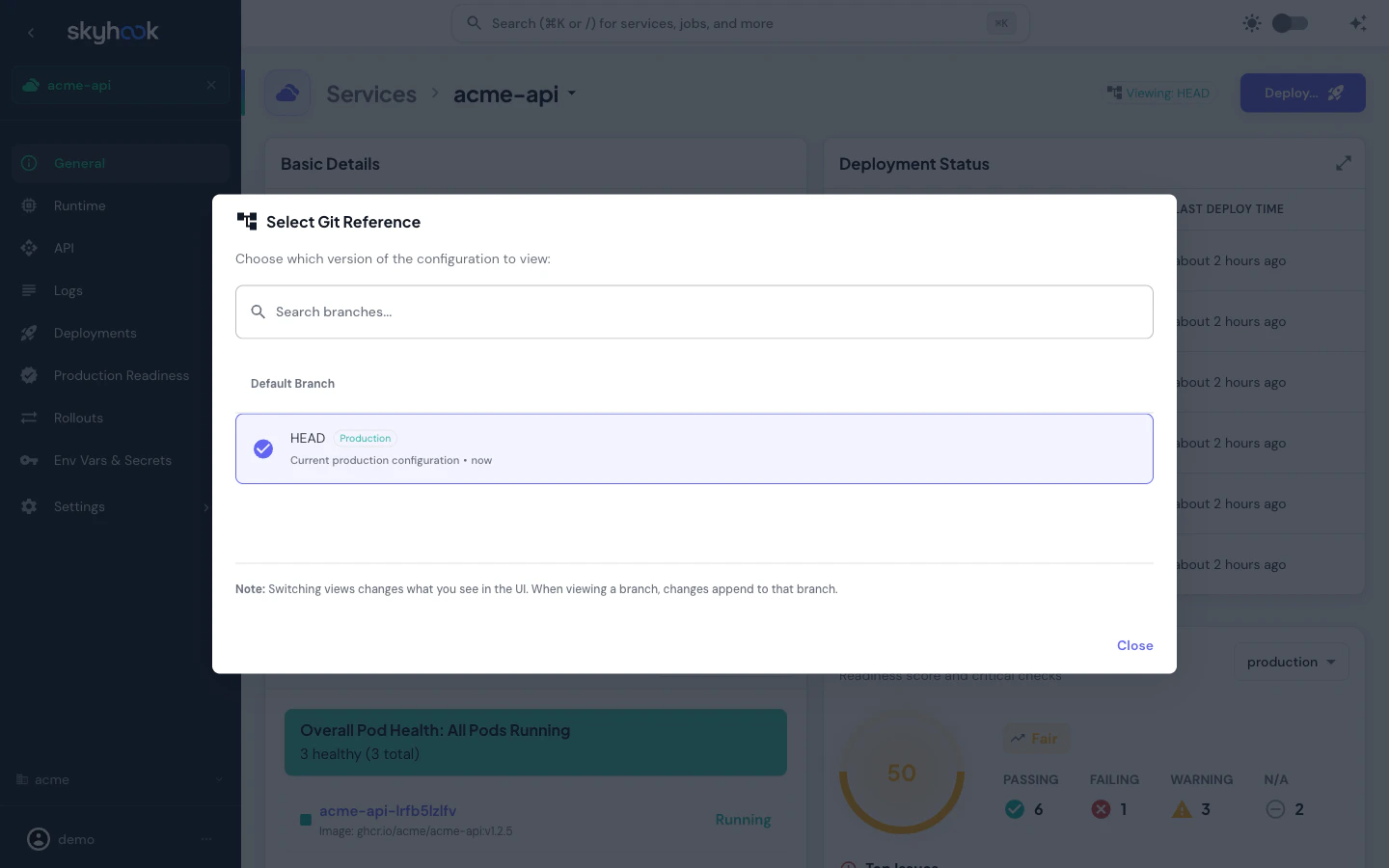 Select Git Reference showing a search box at the top, the Default Branch section with HEAD highlighted, and an informational note explaining that switching views changes what you see in the UI