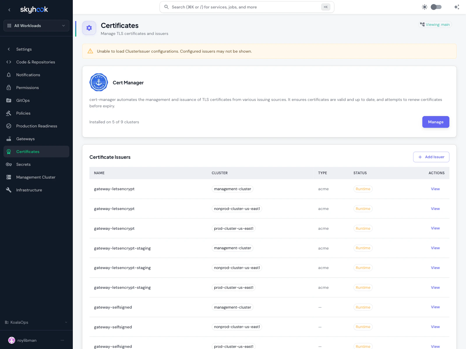 Certificates settings page showing cert-manager installation status (5 of 9 clusters) with a Manage button, and a Certificate Issuers table listing letsencrypt, gateway-letsencrypt, gateway-selfsigned, letsencrypt-dns01 entries across clusters with ACME type and Runtime status