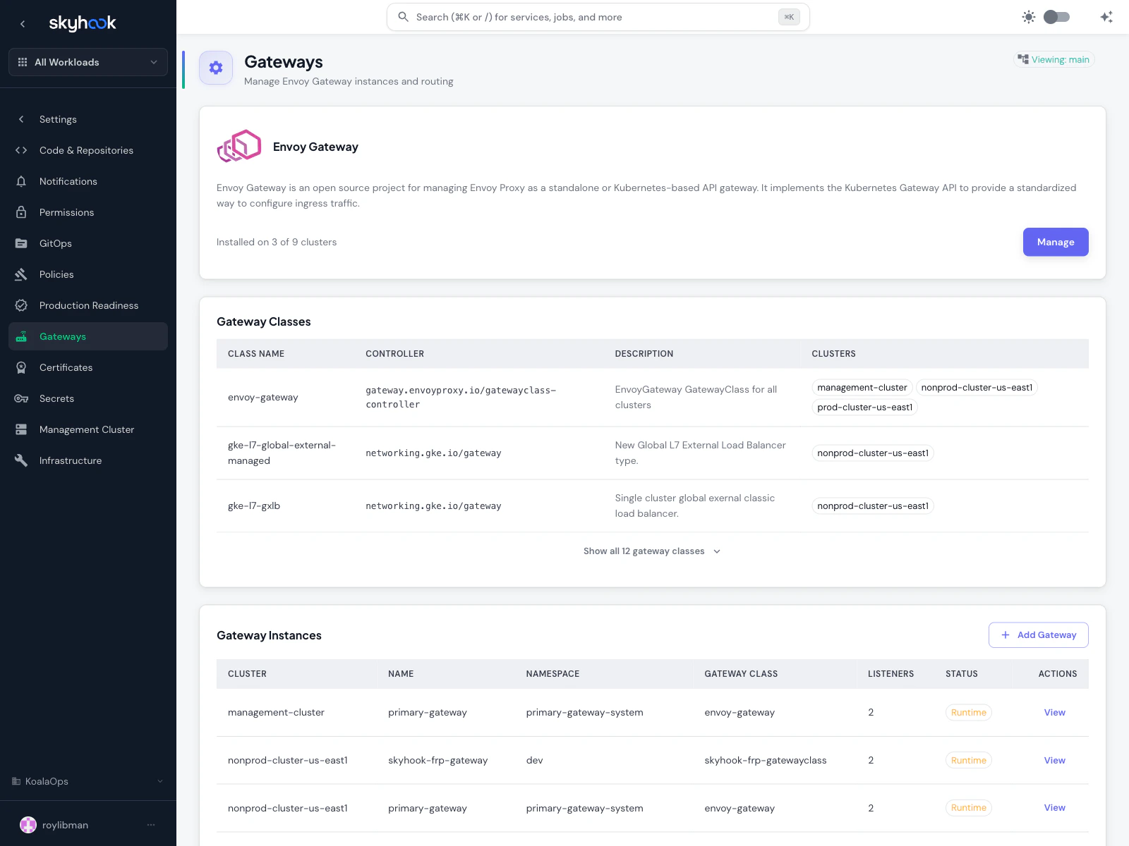 Gateways settings page showing Envoy Gateway installation status (3 of 9 clusters), Gateway Classes table with envoy-gateway and gke-l7 classes, and Gateway Instances table listing primary-gateway, skyhook-frp-gateway across multiple clusters