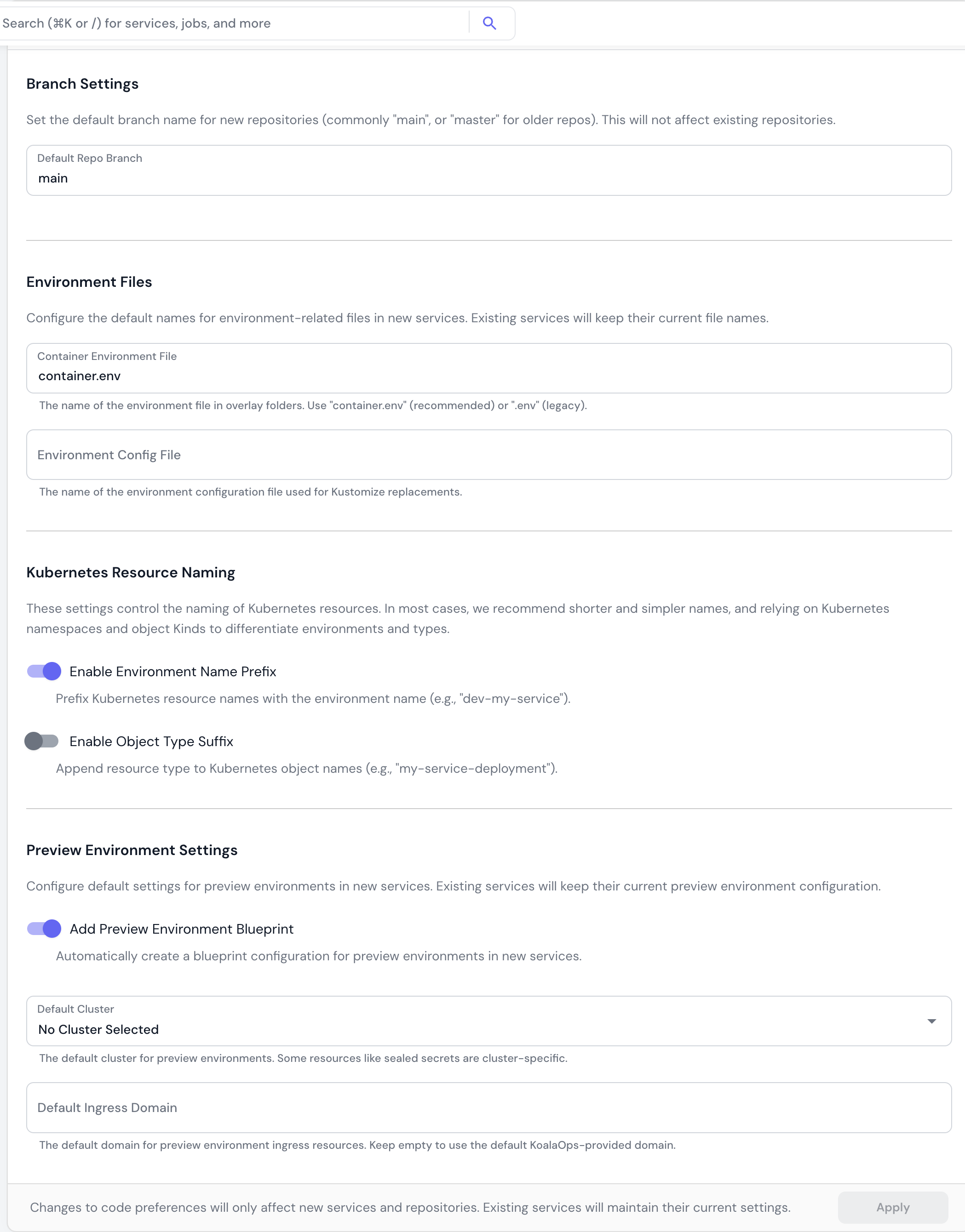 Code preferences including branch settings, environment files, and naming conventions