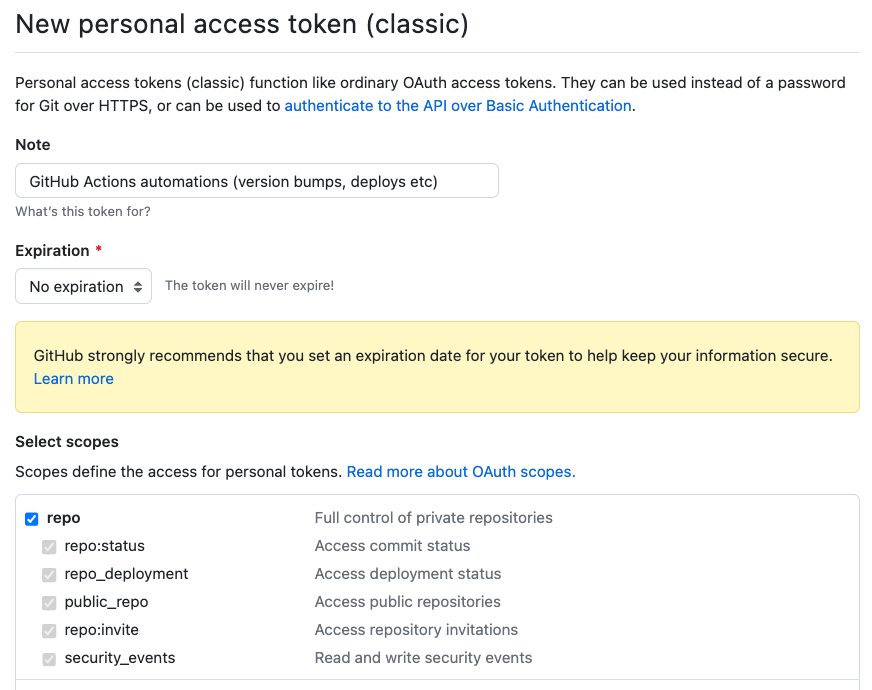 GitHub Actions Personal Access Token creation page