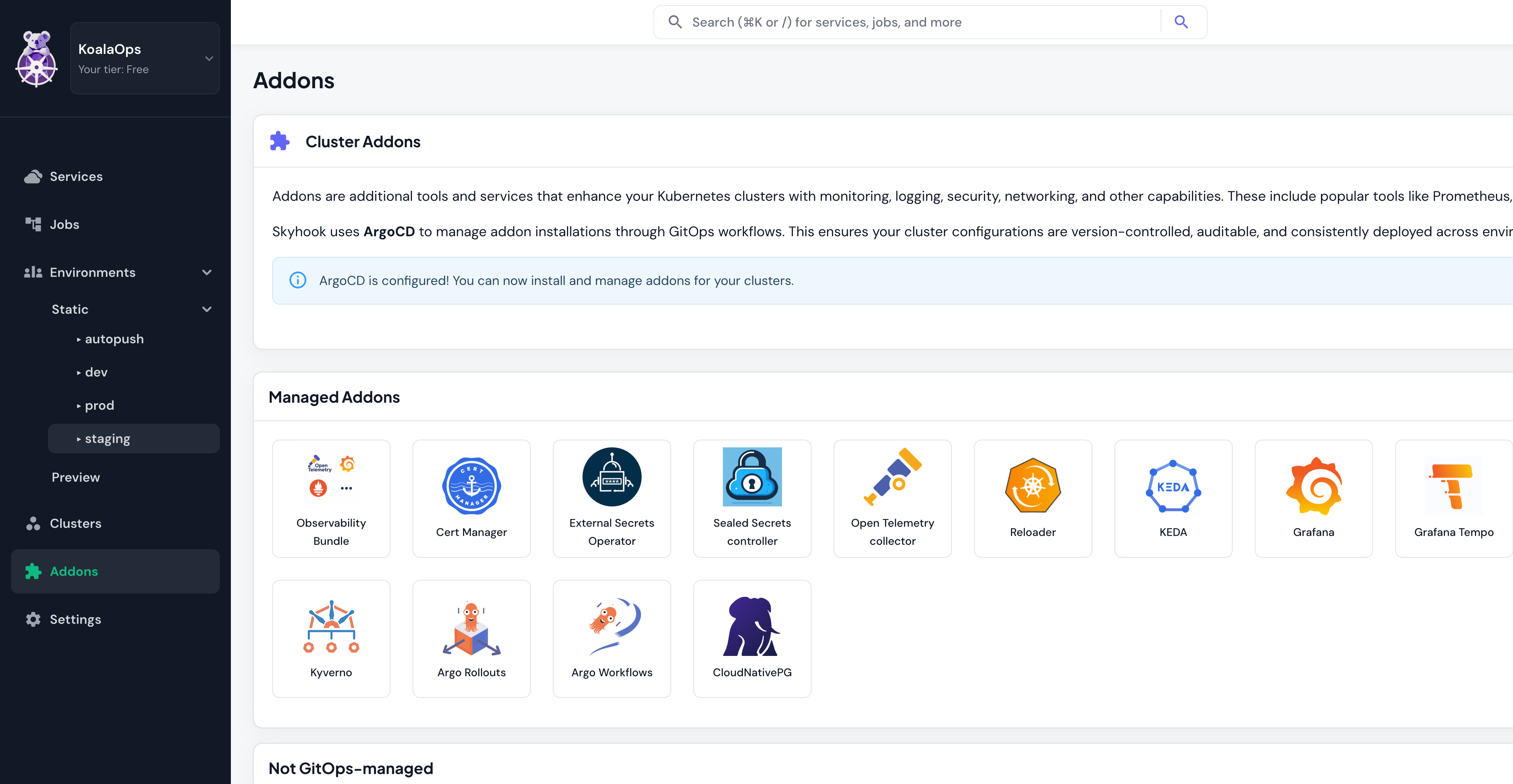 Addons page showing Observability Bundle