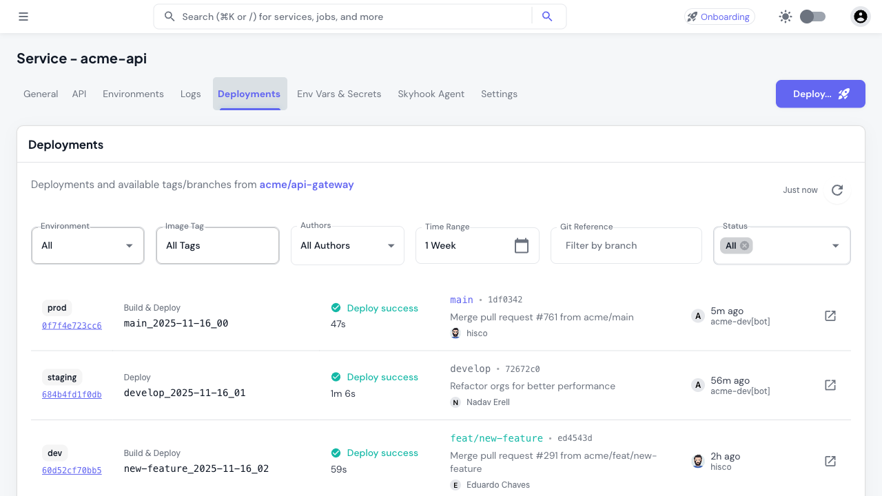 CI/CD deployment workflow showing build and deploy status