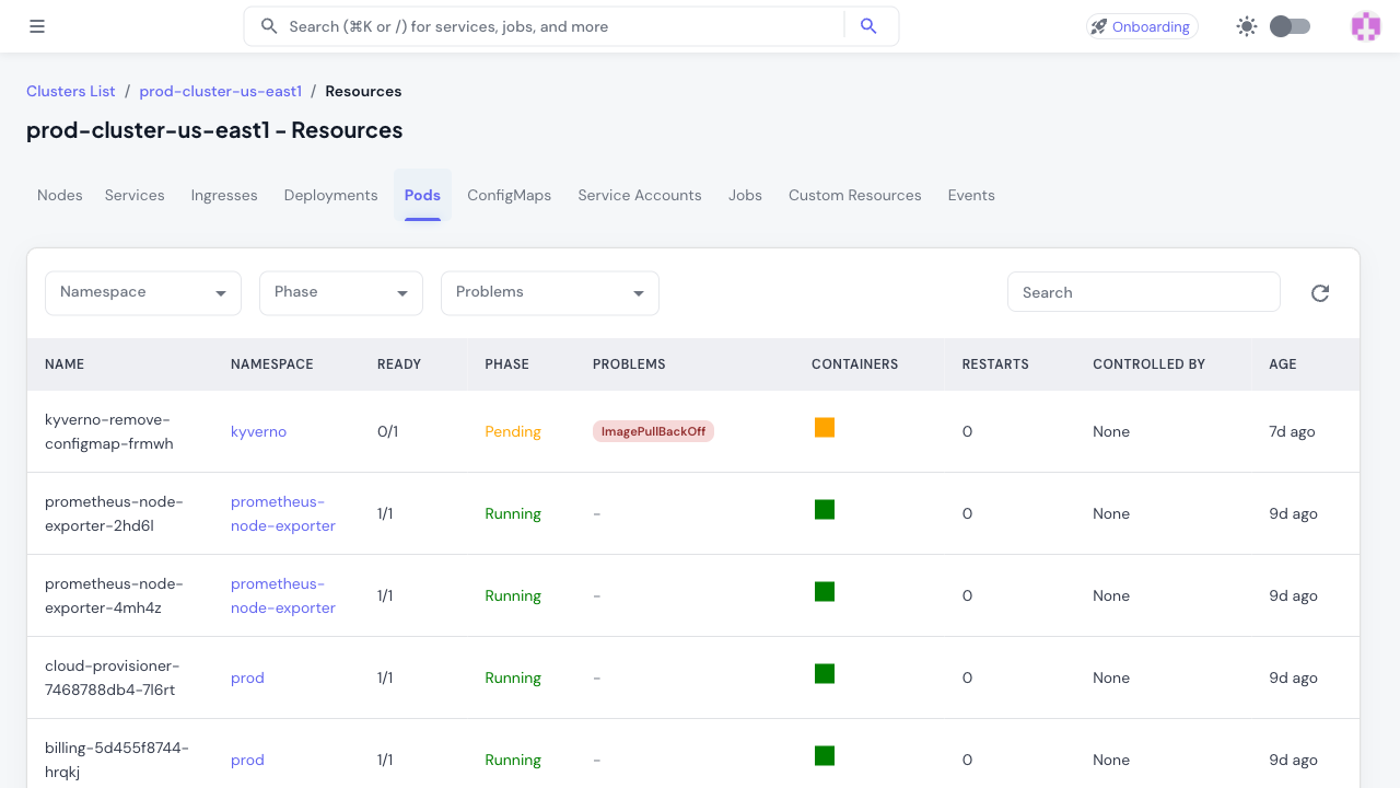 Resource viewer showing pod details and events