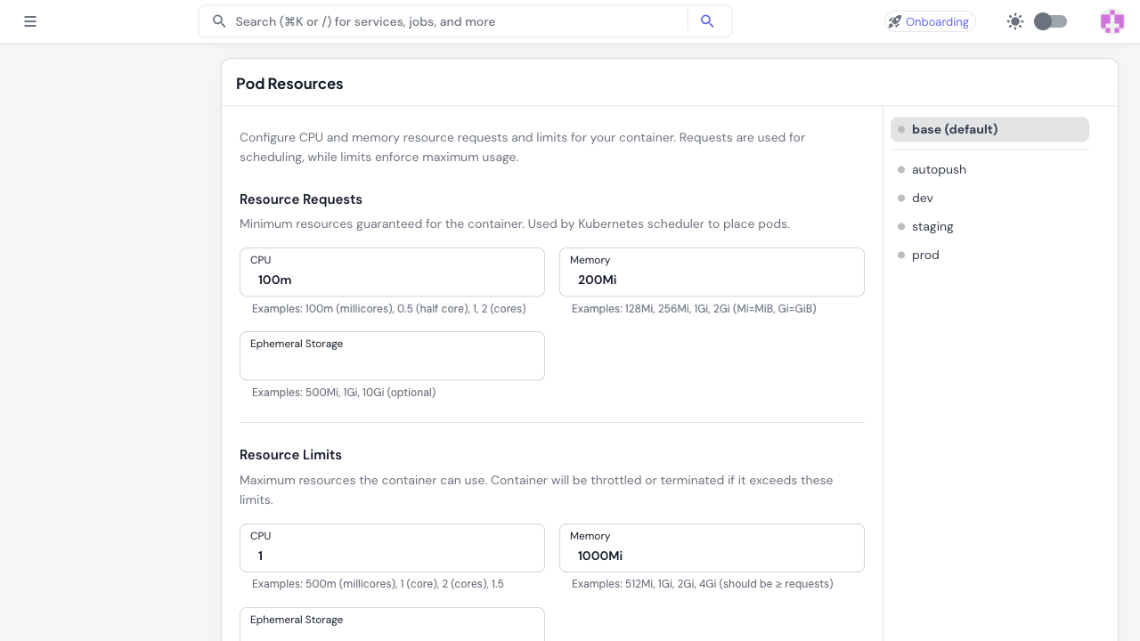 Service configuration panel with environment-specific settings