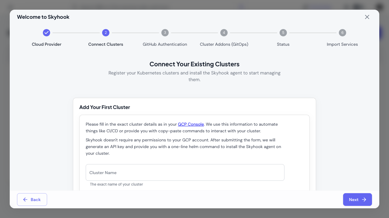 Cluster registration form with fields for cluster name, GCP project, and location