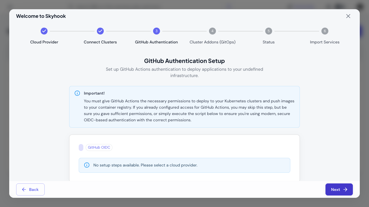GitHub authentication configuration in the onboarding wizard