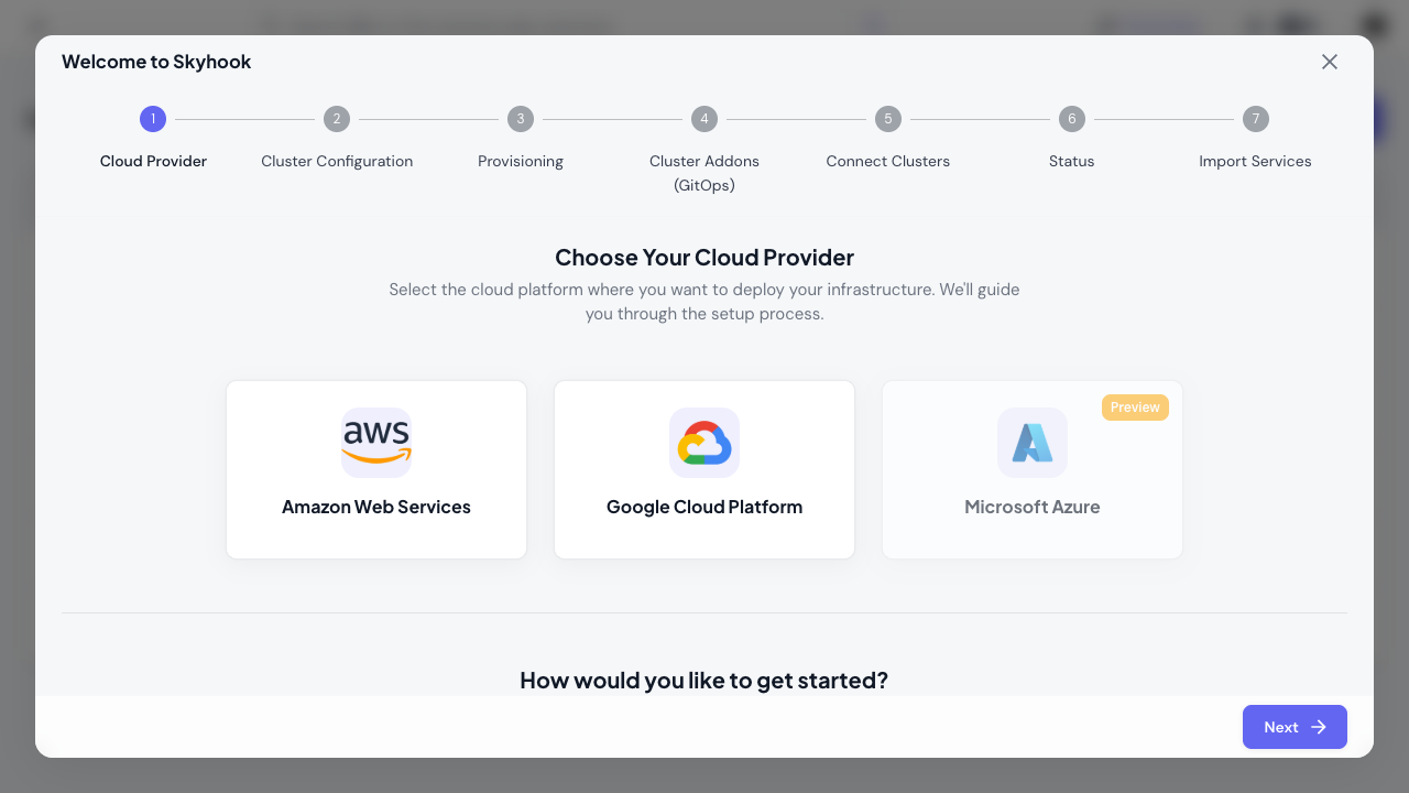 Onboarding wizard with cloud provider options and cluster creation strategy