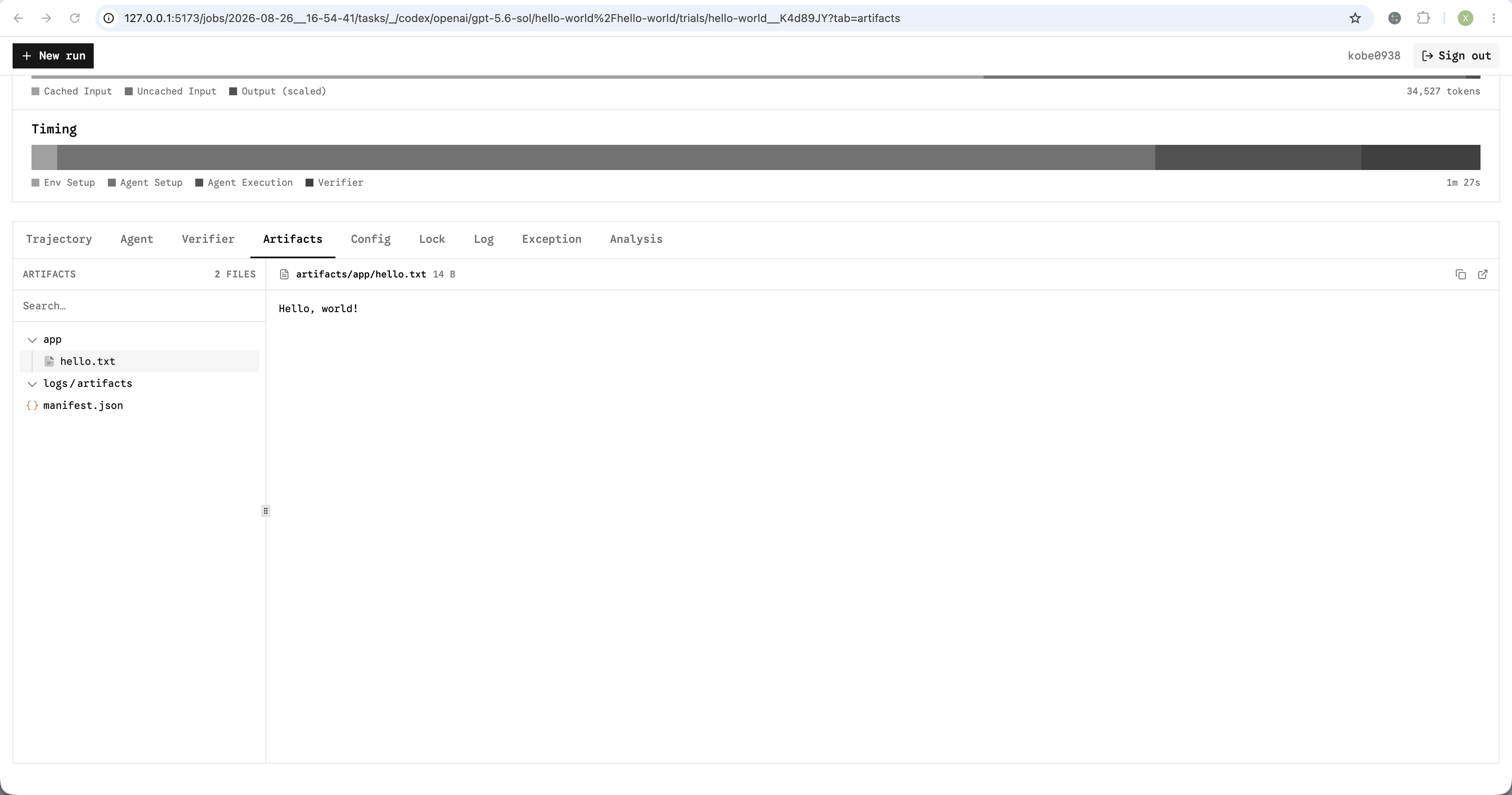 The Harbor results viewer displaying a collected hello.txt artifact