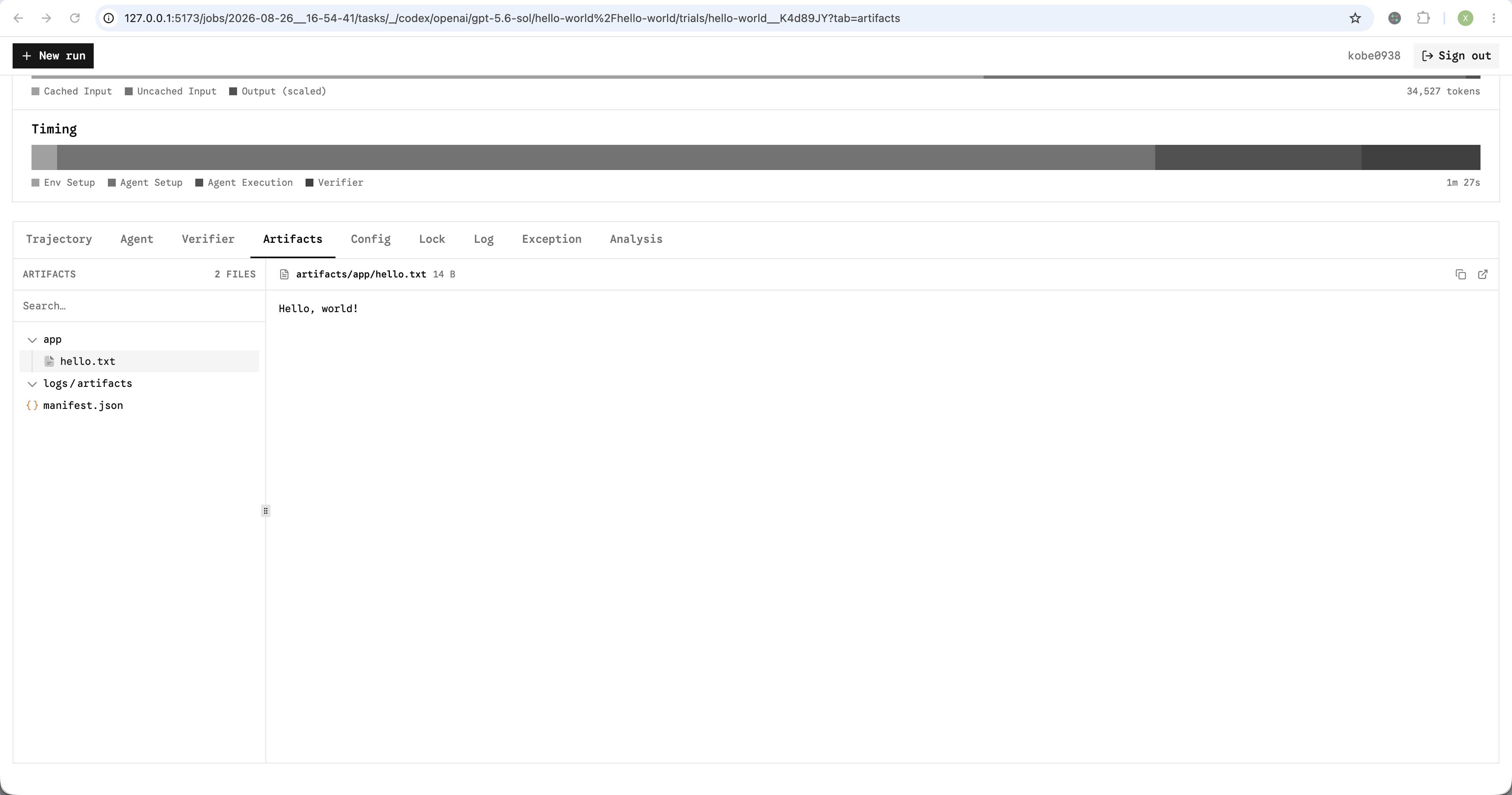 The Harbor results viewer displaying a collected hello.txt artifact