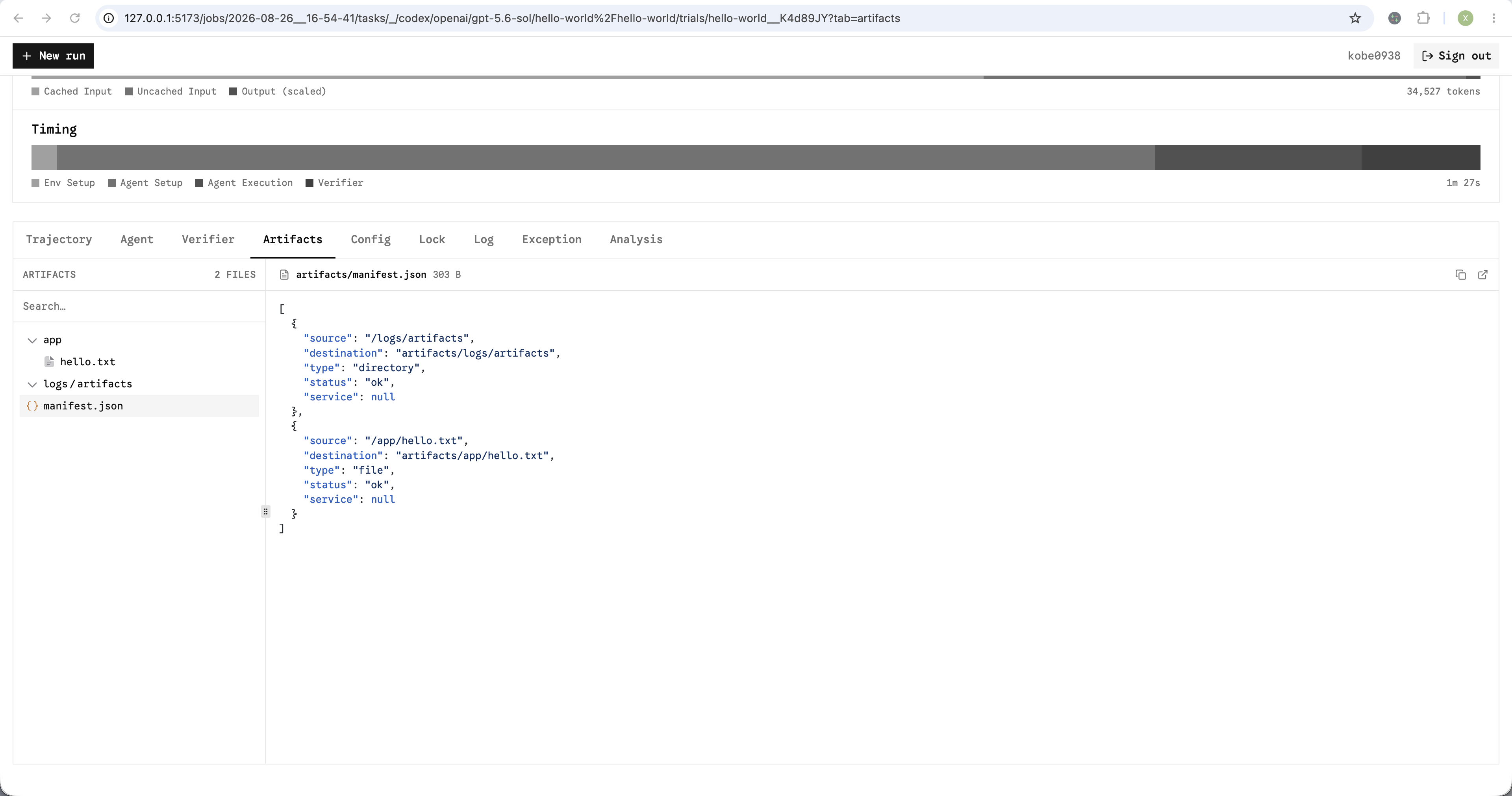 The Harbor viewer displaying manifest.json with artifact sources, destinations, types, and statuses