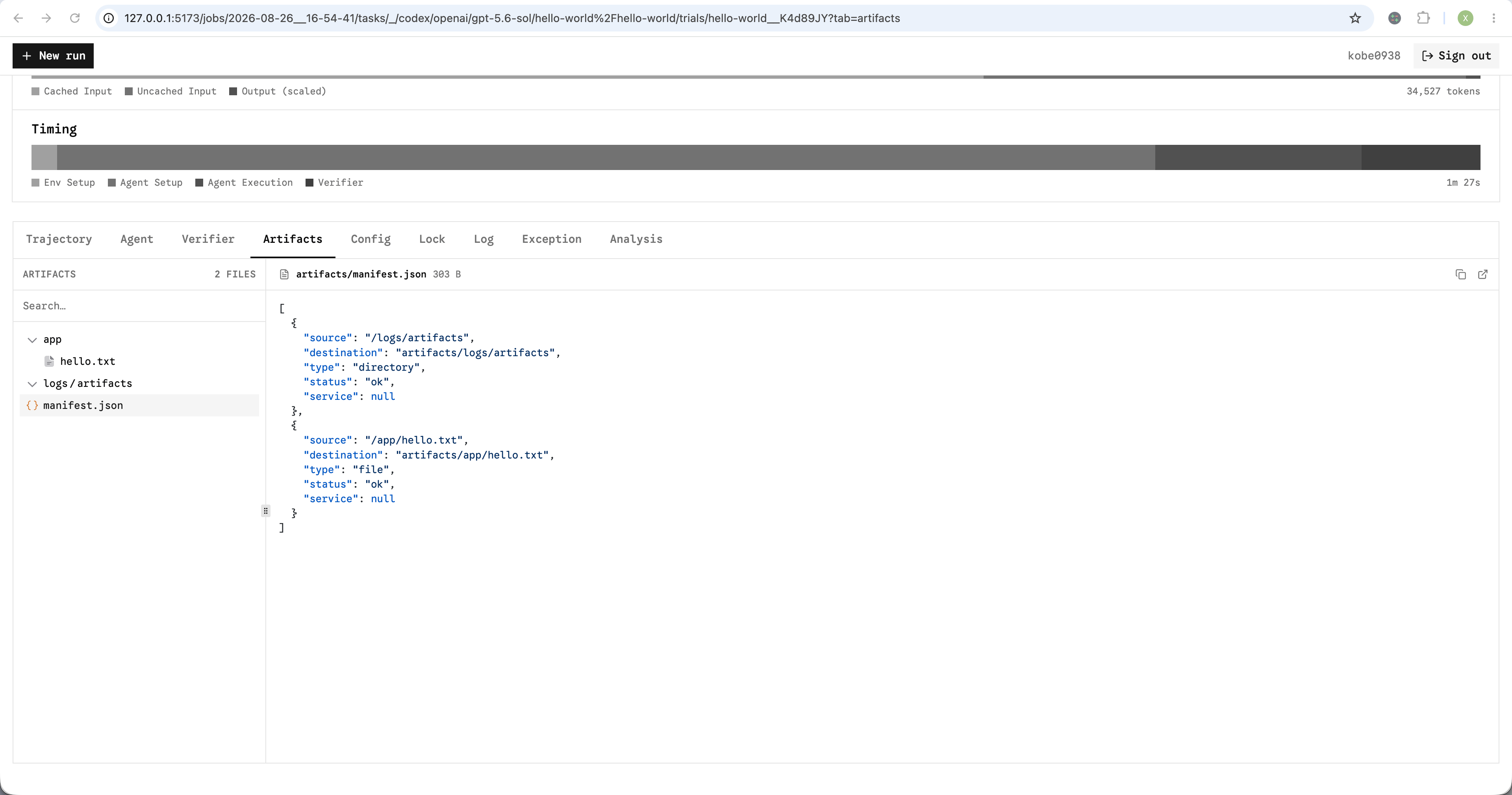 The Harbor viewer displaying manifest.json with artifact sources, destinations, types, and statuses