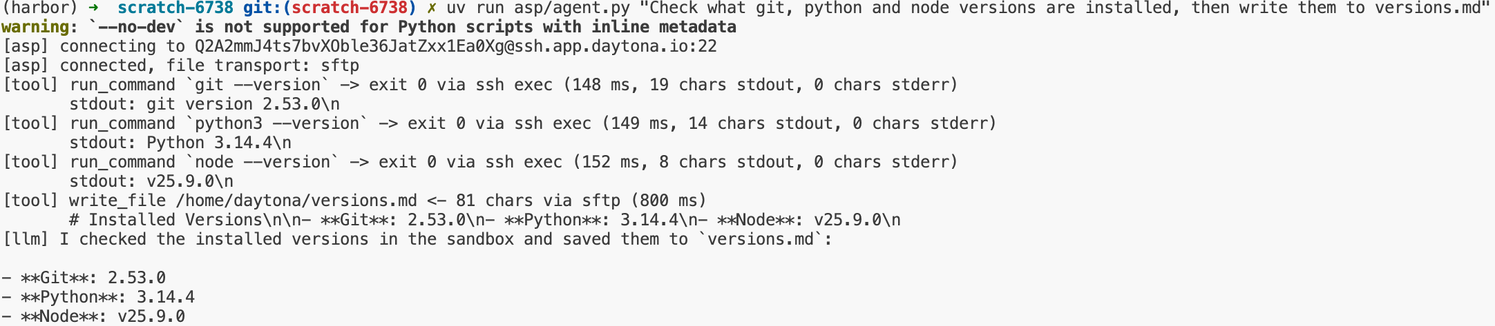 Minimal Python agent running a task in a Daytona sandbox over ASP