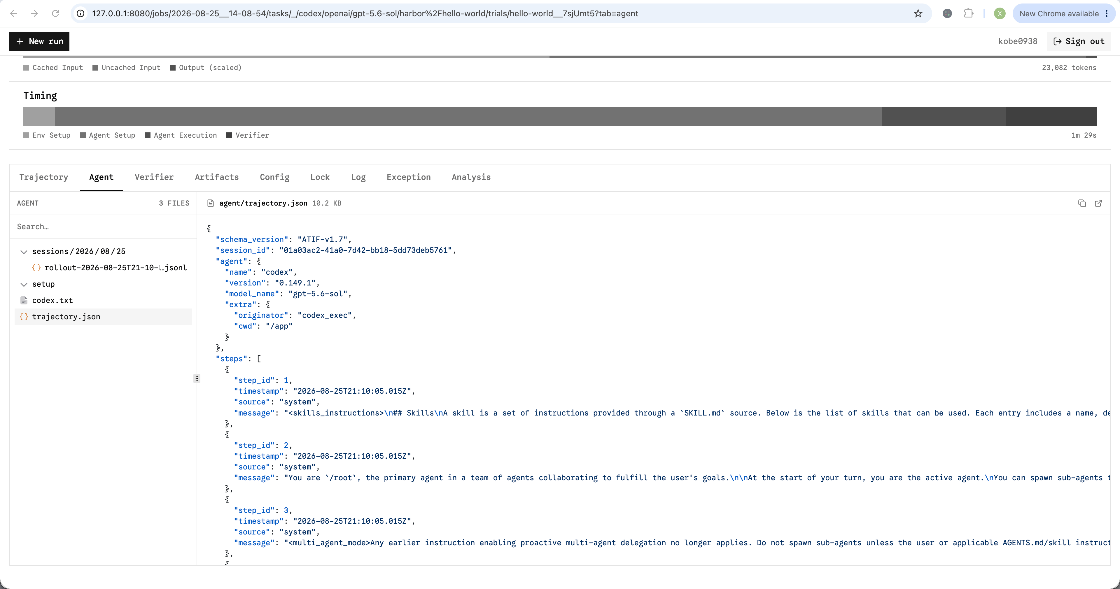 Agent files and trajectory JSON in the trial viewer