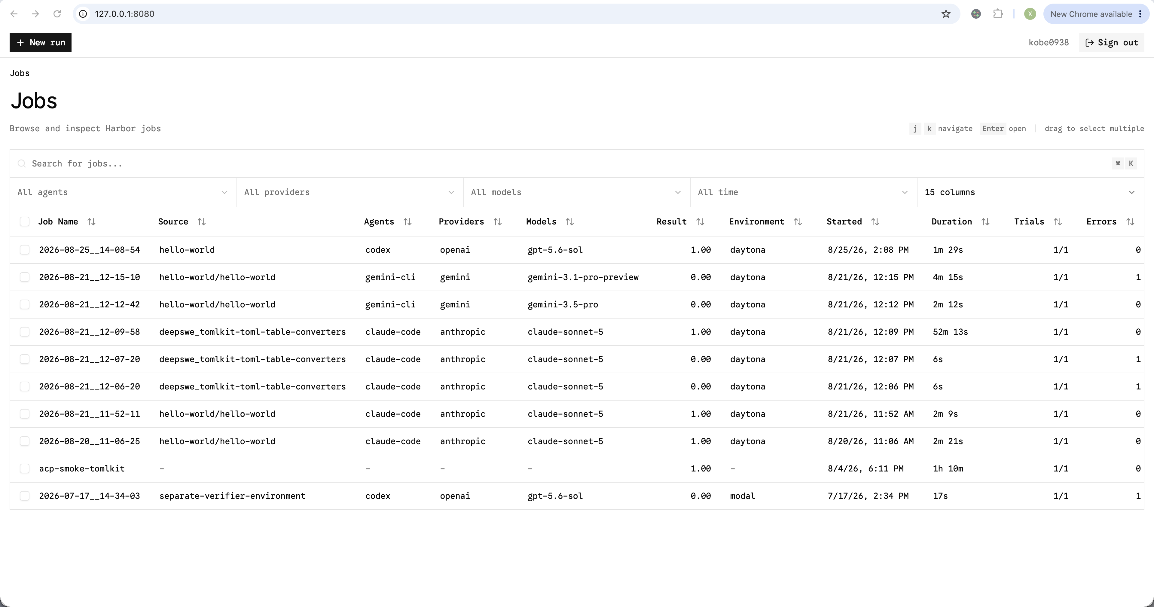 Harbor Viewer job list with search, filters, and result columns