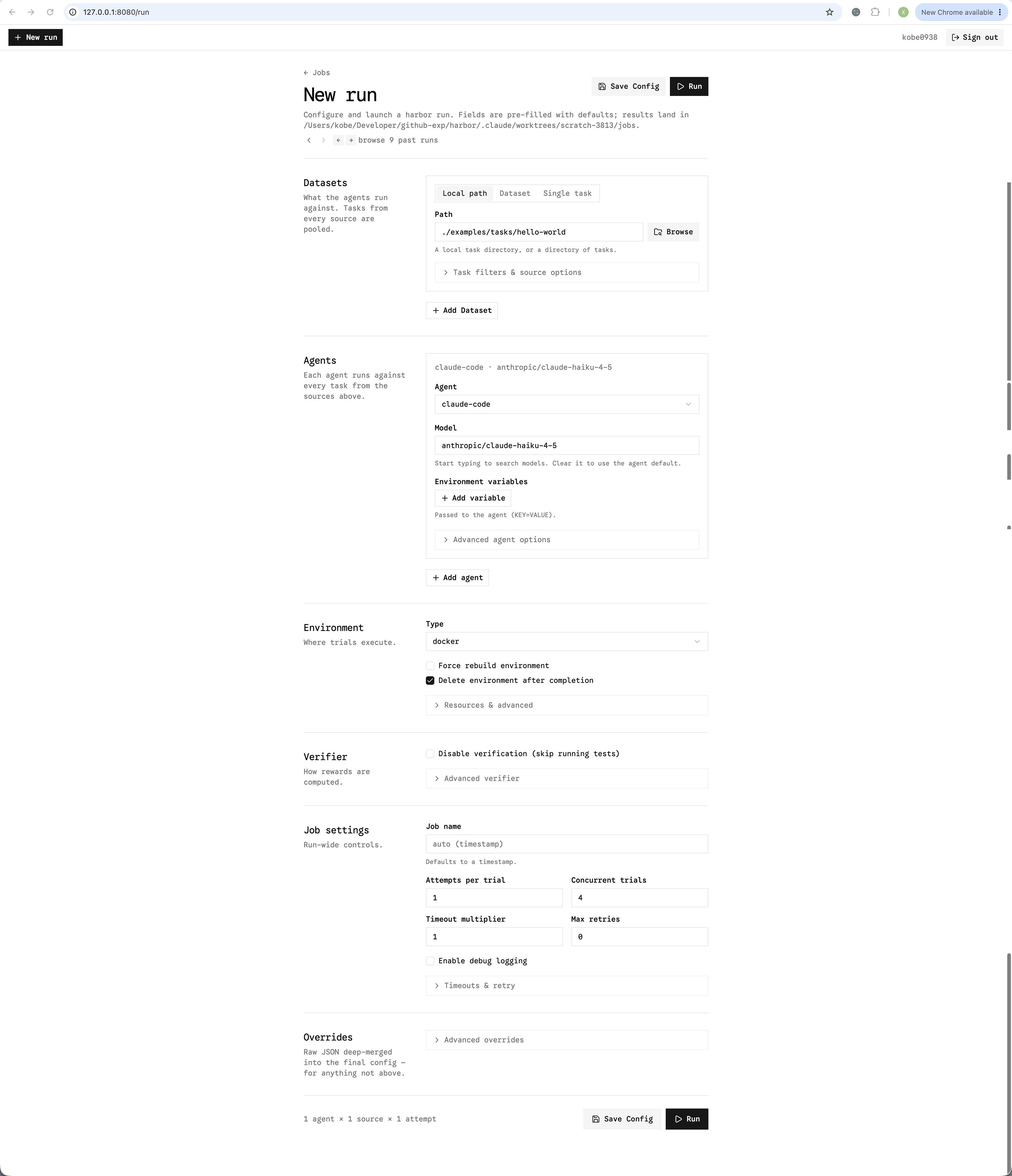 Harbor Viewer form for configuring and launching a new run