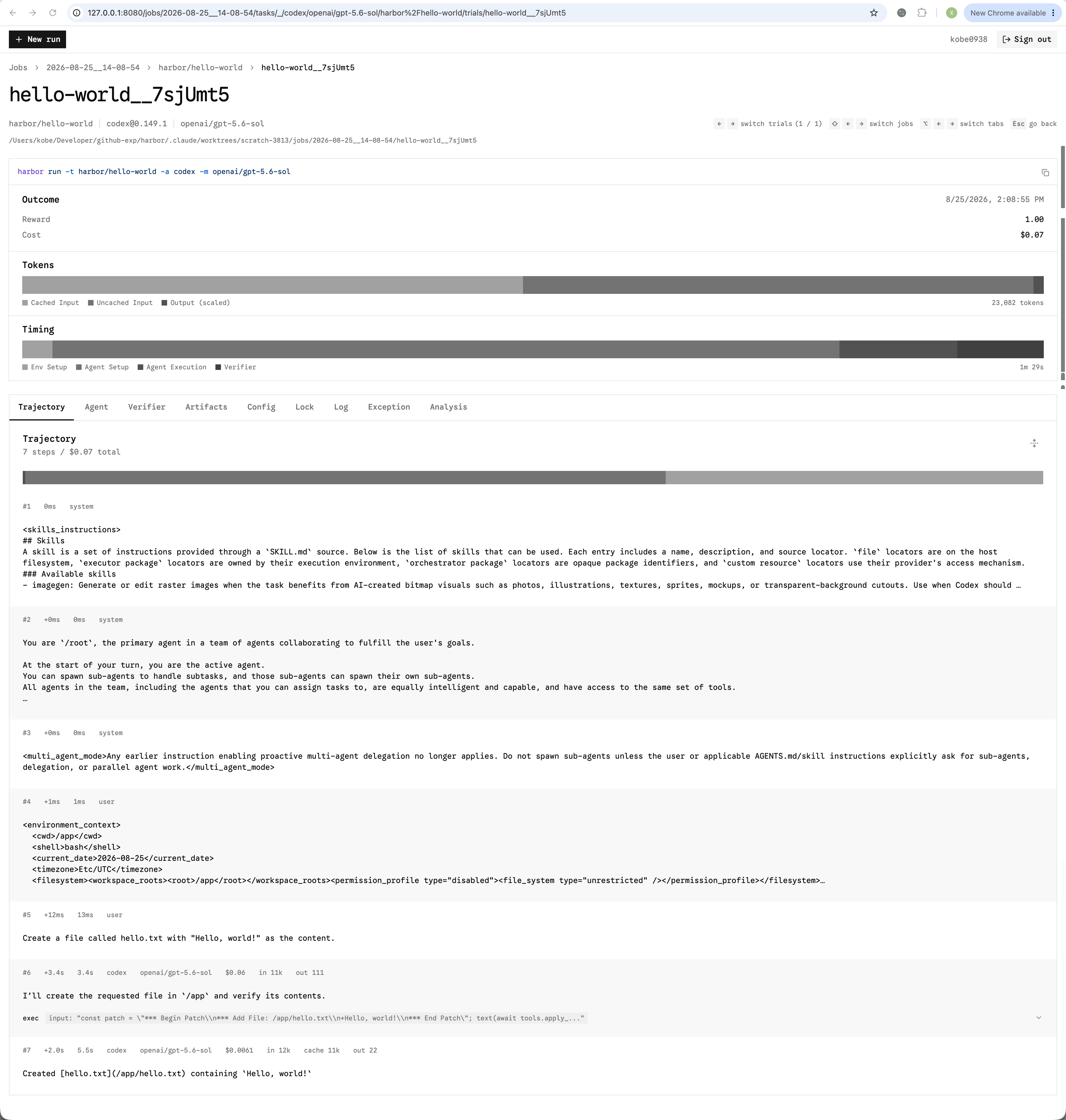Trial view showing reward, cost, tokens, timing, and trajectory