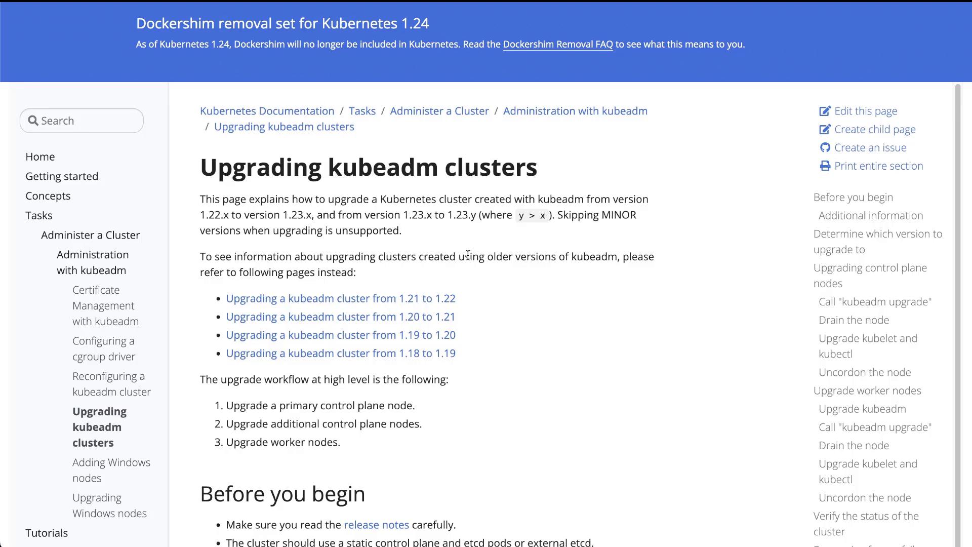 A screenshot of a Kubernetes documentation webpage titled "Upgrading kubeadm clusters," showing upgrade instructions and links with a left navigation menu. A blue banner at the top notes the Dockershim removal for Kubernetes 1.24.