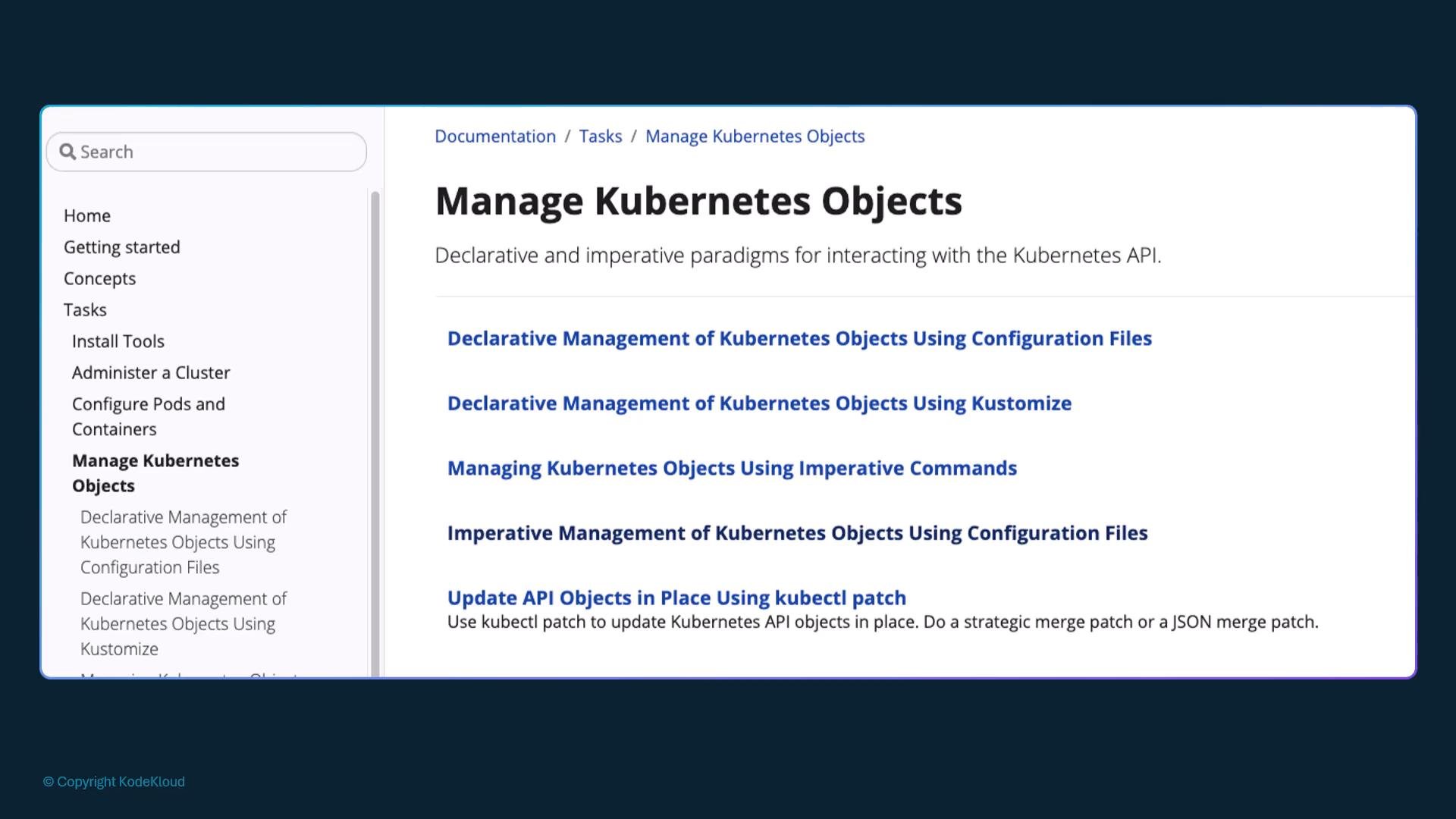 A screenshot of a documentation webpage titled "Manage Kubernetes Objects" showing a left sidebar menu and a list of links about declarative and imperative management of Kubernetes API objects.