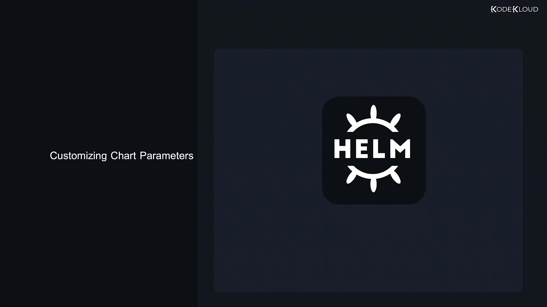A dark presentation slide with the title "Customizing Chart Parameters" on the left and a large HELM logo displayed on the right.