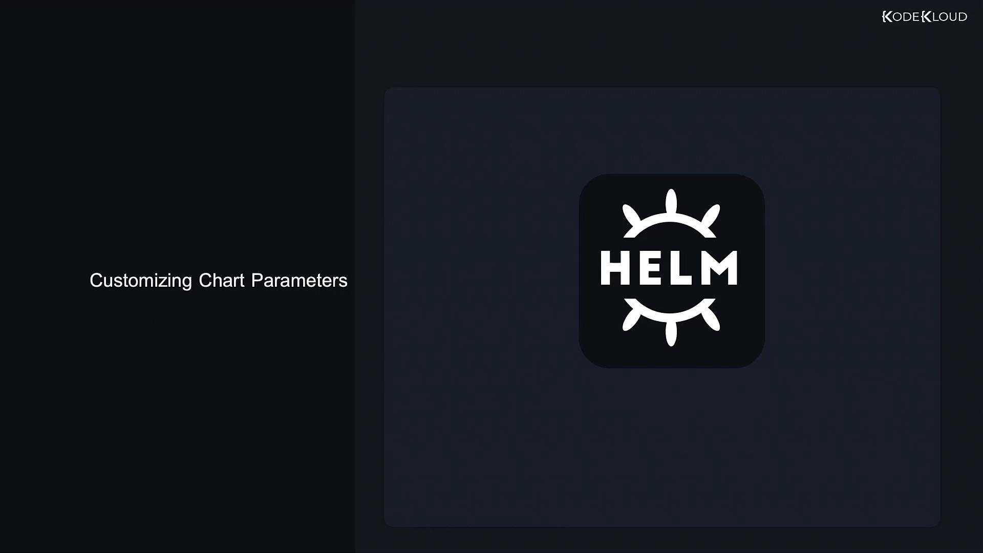 A dark presentation slide with the title "Customizing Chart Parameters" on the left and a large HELM logo displayed on the right.