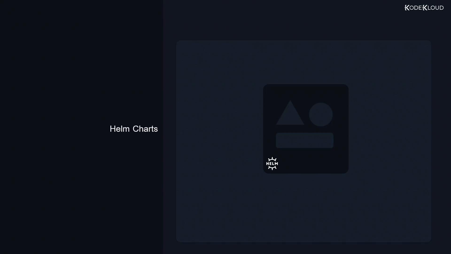 A dark presentation slide titled "Helm Charts" with a faint Helm logo and abstract icon on the right, and KodeKloud branding in the top-right corner.