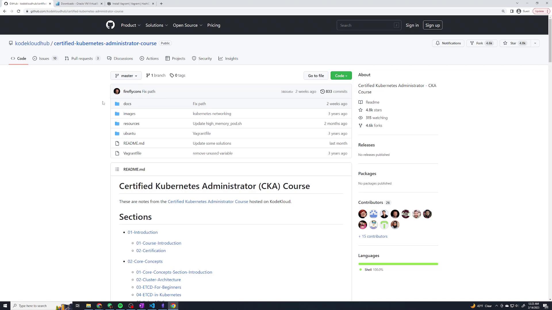 A screenshot of a GitHub repository page for the "Certified Kubernetes Administrator (CKA) Course" showing the file list (docs, images, resources, etc.) and the README content. The right sidebar displays repository stats like stars, forks, and contributors.