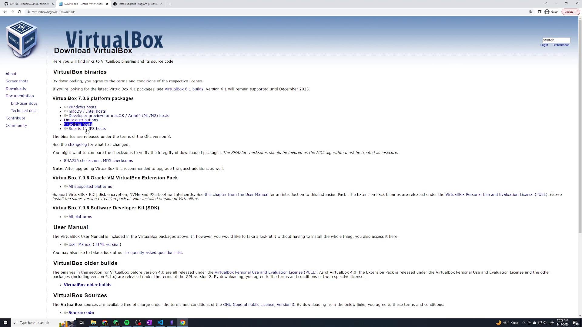 A screenshot of the VirtualBox "Download VirtualBox" webpage showing version 7.0.6 platform packages and download links in a browser window. The browser UI and Windows taskbar are visible at the top and bottom of the screen.