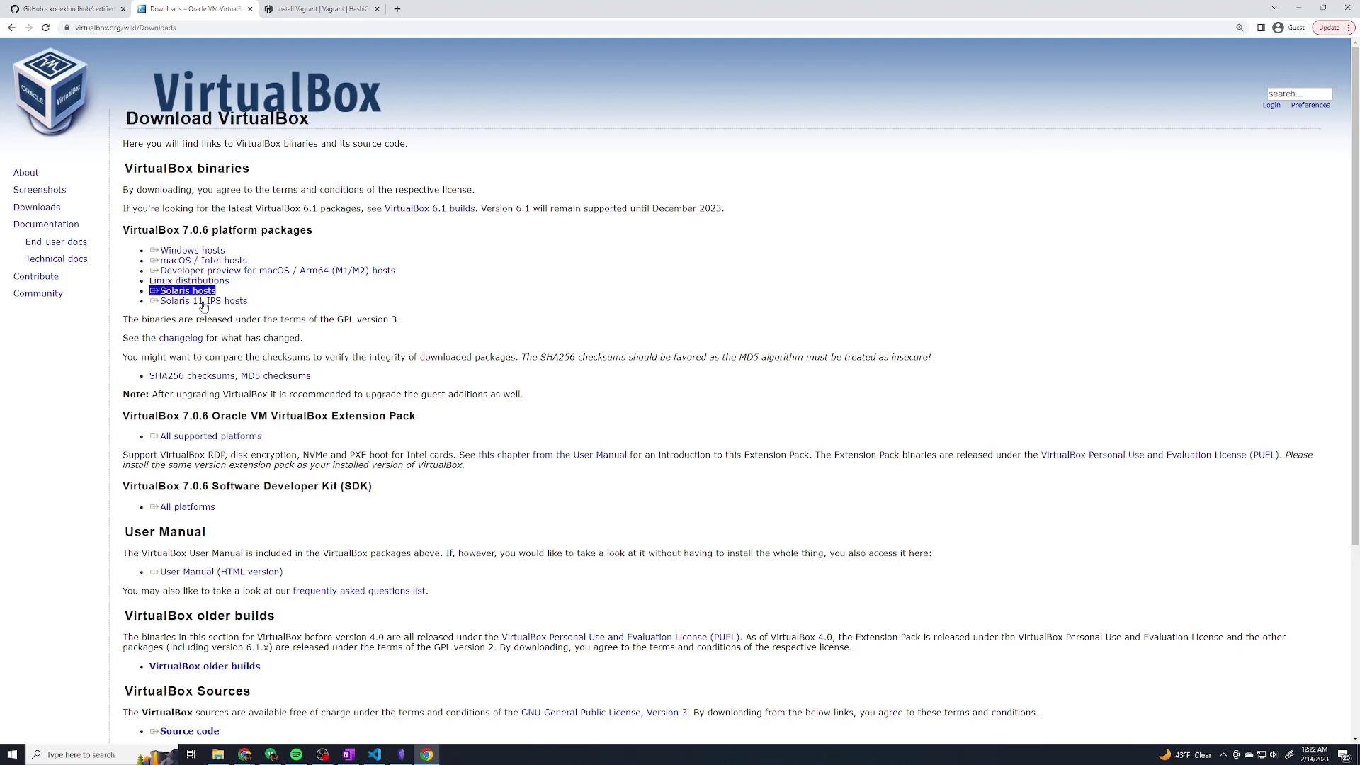 A screenshot of the VirtualBox "Download VirtualBox" webpage showing version 7.0.6 platform packages and download links in a browser window. The browser UI and Windows taskbar are visible at the top and bottom of the screen.