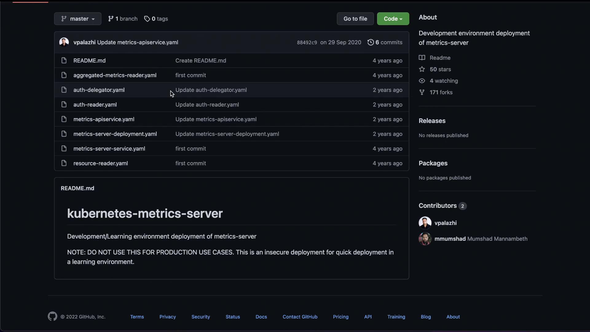 A dark-themed GitHub repository page for "kubernetes-metrics-server" showing a list of YAML files (e.g., metrics-server-deployment.yaml) and the README content. The right sidebar displays repo stats (stars, forks) and contributor avatars.