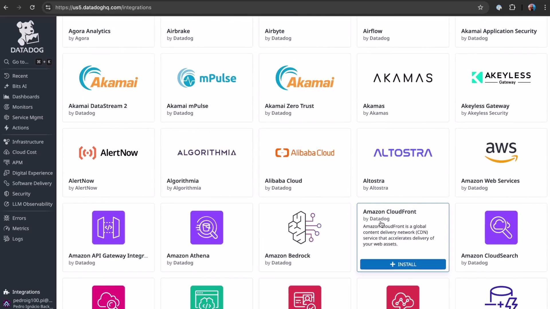 The image shows a dashboard from Datadog featuring various software integration options like Akamai, Alibaba Cloud, and Amazon Web Services, among others.