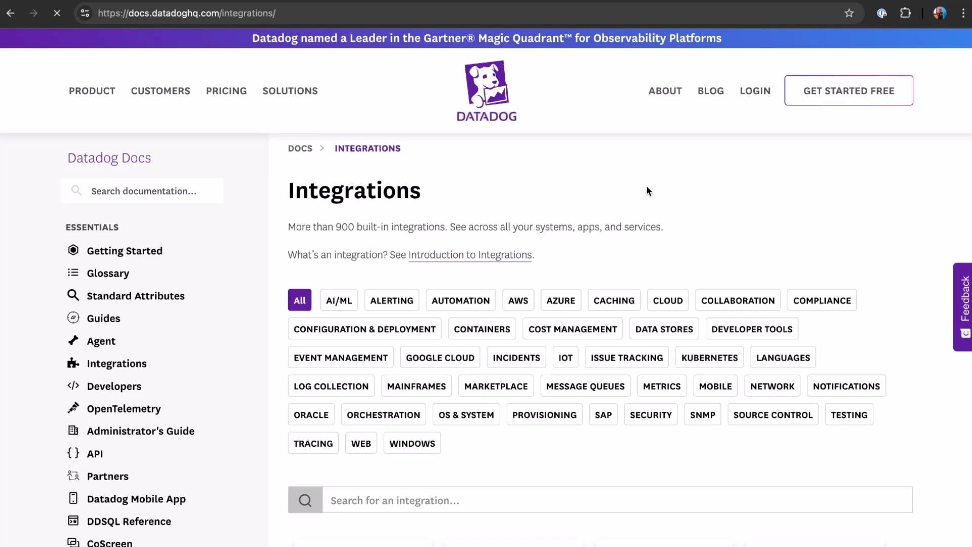 The image shows a webpage from Datadog's documentation section, specifically focused on integrations, featuring categories like AI/ML, AWS, and Kubernetes.