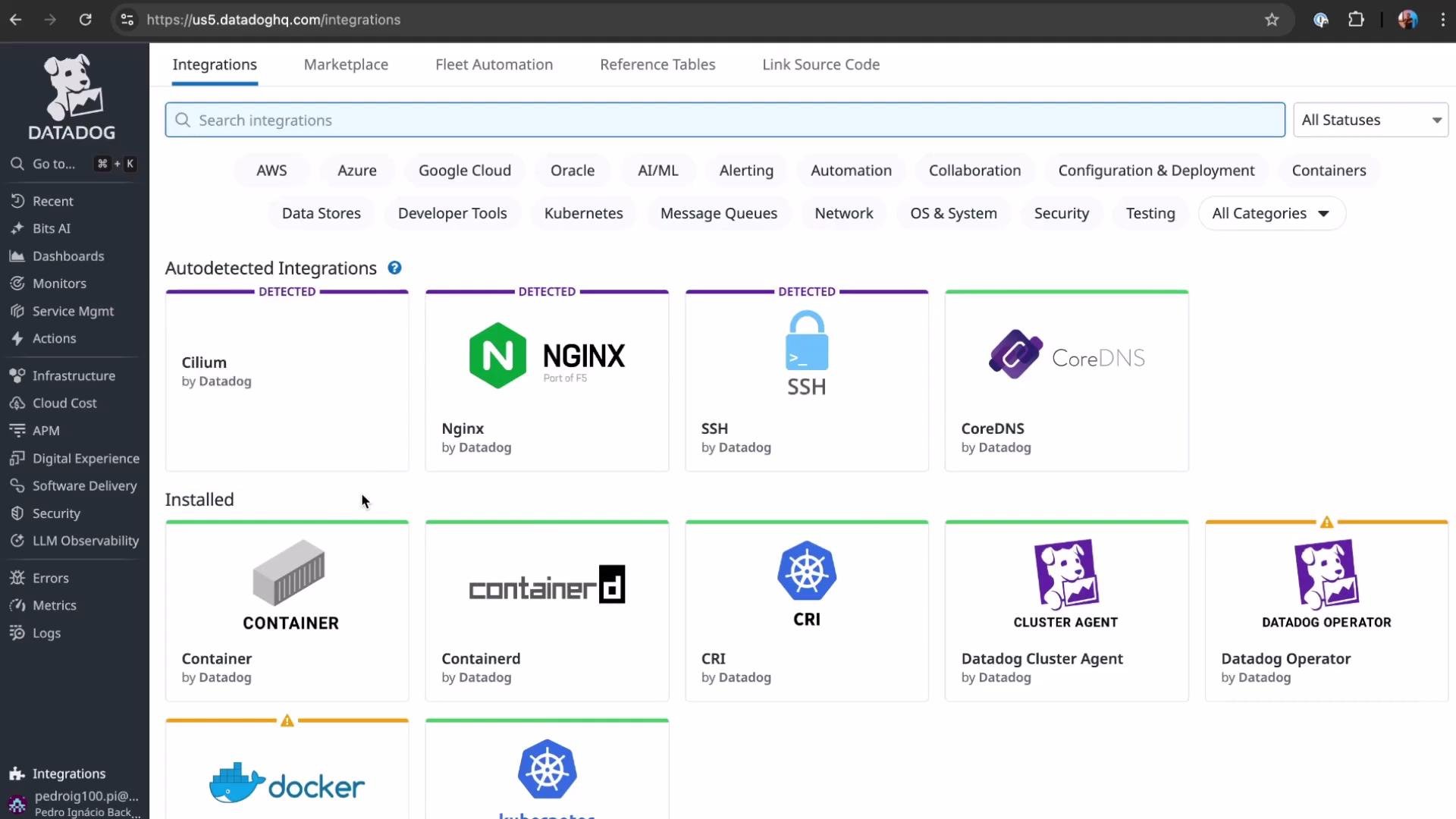 The image shows a Datadog integrations dashboard with autodetected and installed integrations like Nginx, SSH, and Docker. It includes various navigation tabs and categories for different services.