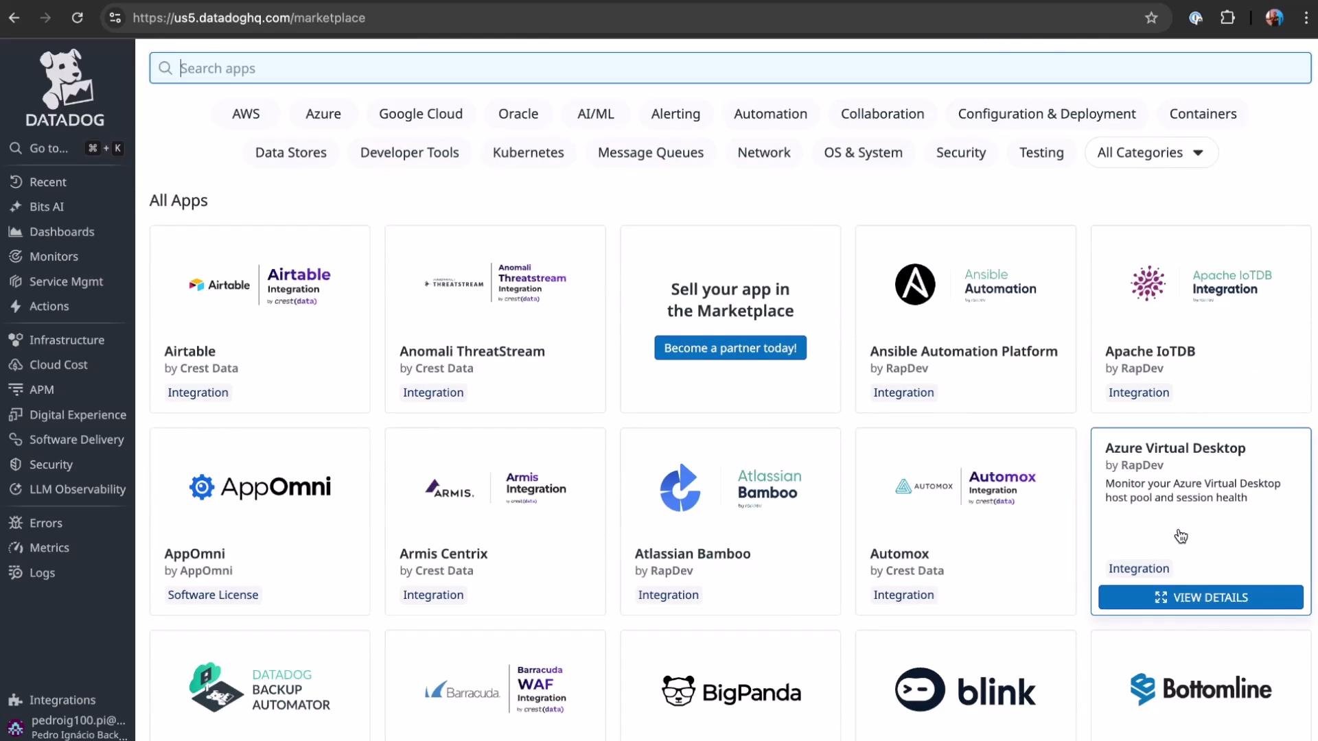 The image shows a section of the Datadog marketplace interface displaying various app integrations and tools from different providers, each shown with a card format.
