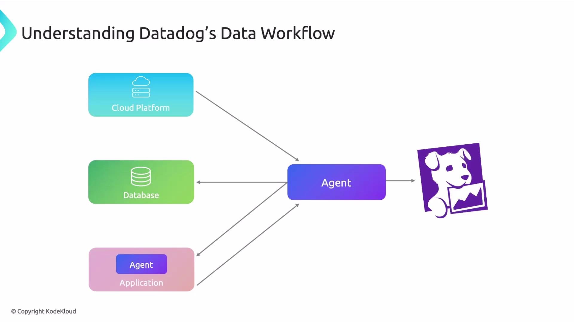 The image illustrates Datadog's data workflow, showing how data from a cloud platform, database, and application are processed by an agent before being sent to Datadog.