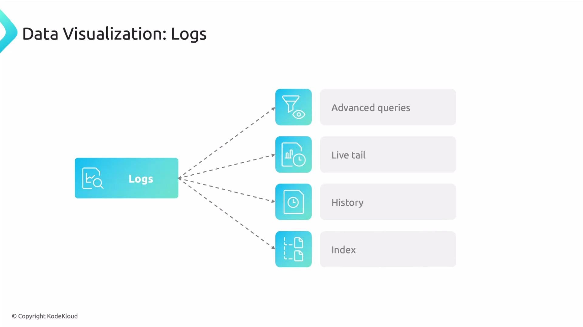 The image is a flowchart titled "Data Visualization: Logs" showing categories like "Advanced queries," "Live tail," "History," and "Index," all branching from "Logs."