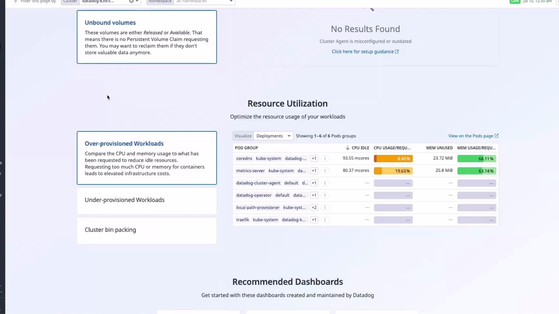 The image shows a dashboard interface displaying resource utilization metrics for various pod groups, including CPU and memory usage. It includes sections for unbound volumes, over-provisioned workloads, and recommended dashboards.