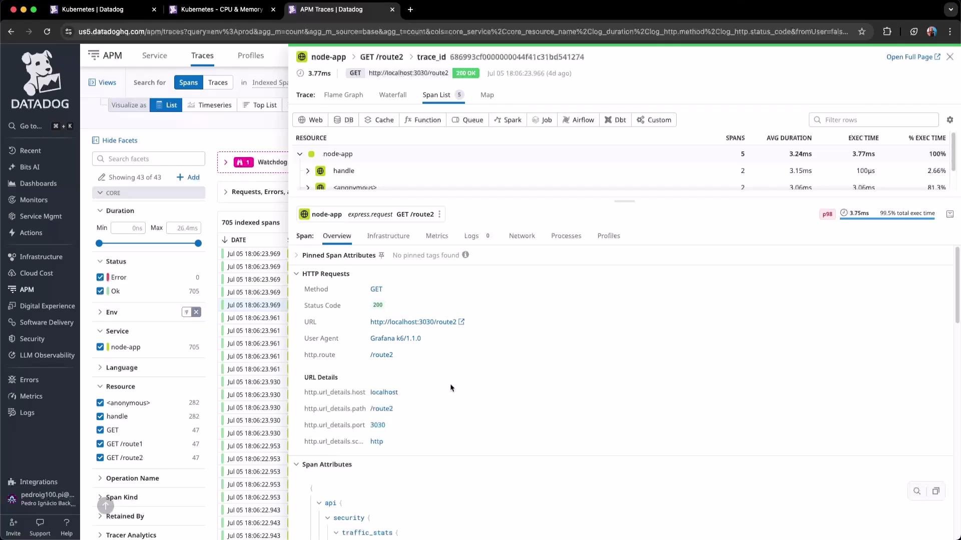 The image shows a Datadog APM interface displaying traces and span details for an HTTP GET request to a "node-app" service on route "/route2." The HTTP request was successful with a status code of 200.