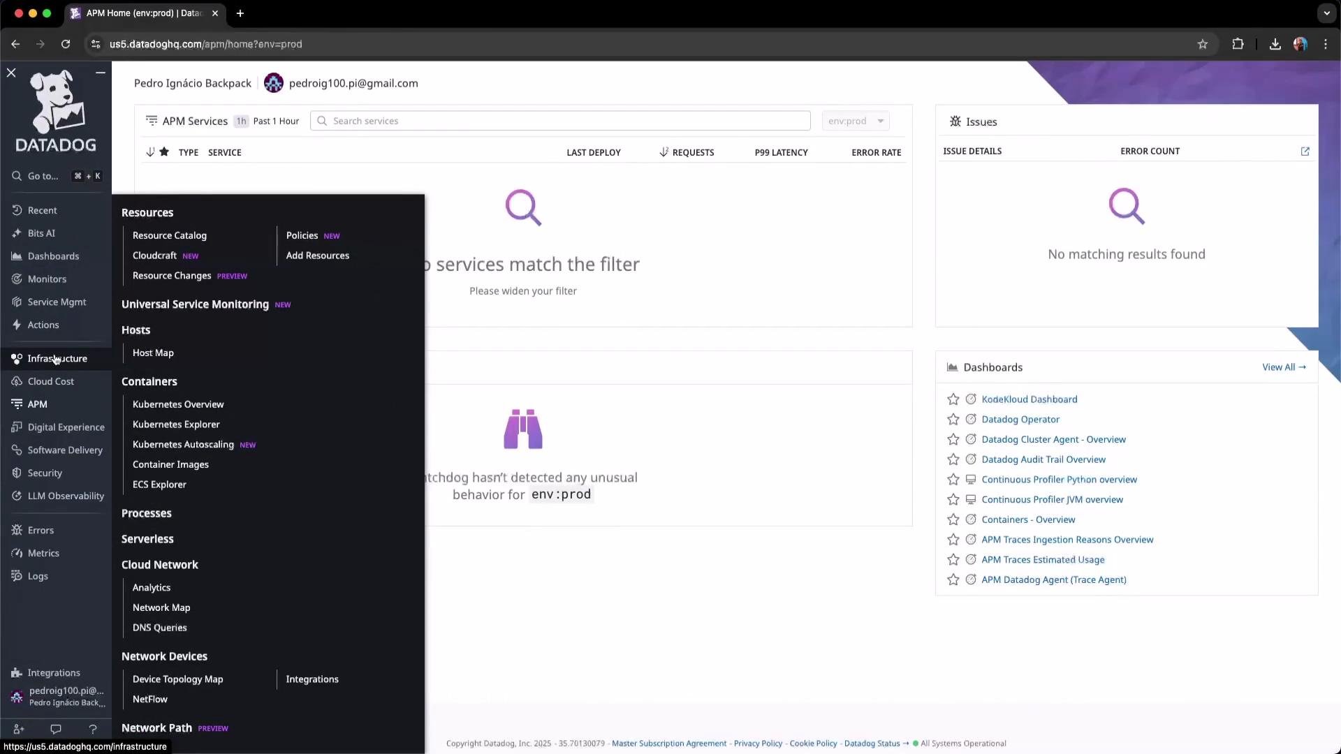 The image shows a Datadog dashboard with a menu open for infrastructure options and a main screen displaying no matches found for services and issues. Dashboard links and other features are visible on the right.