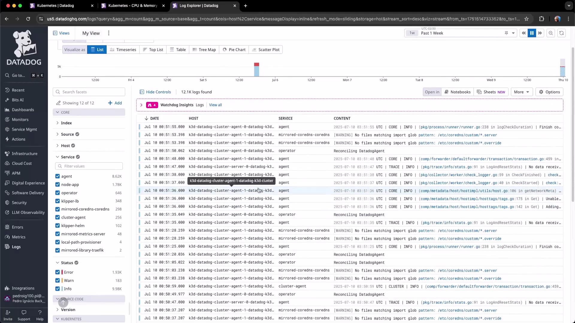 The image shows a Datadog interface displaying log data, with filters and sources listed on the left and detailed logs including dates, hosts, services, and content in the main view.