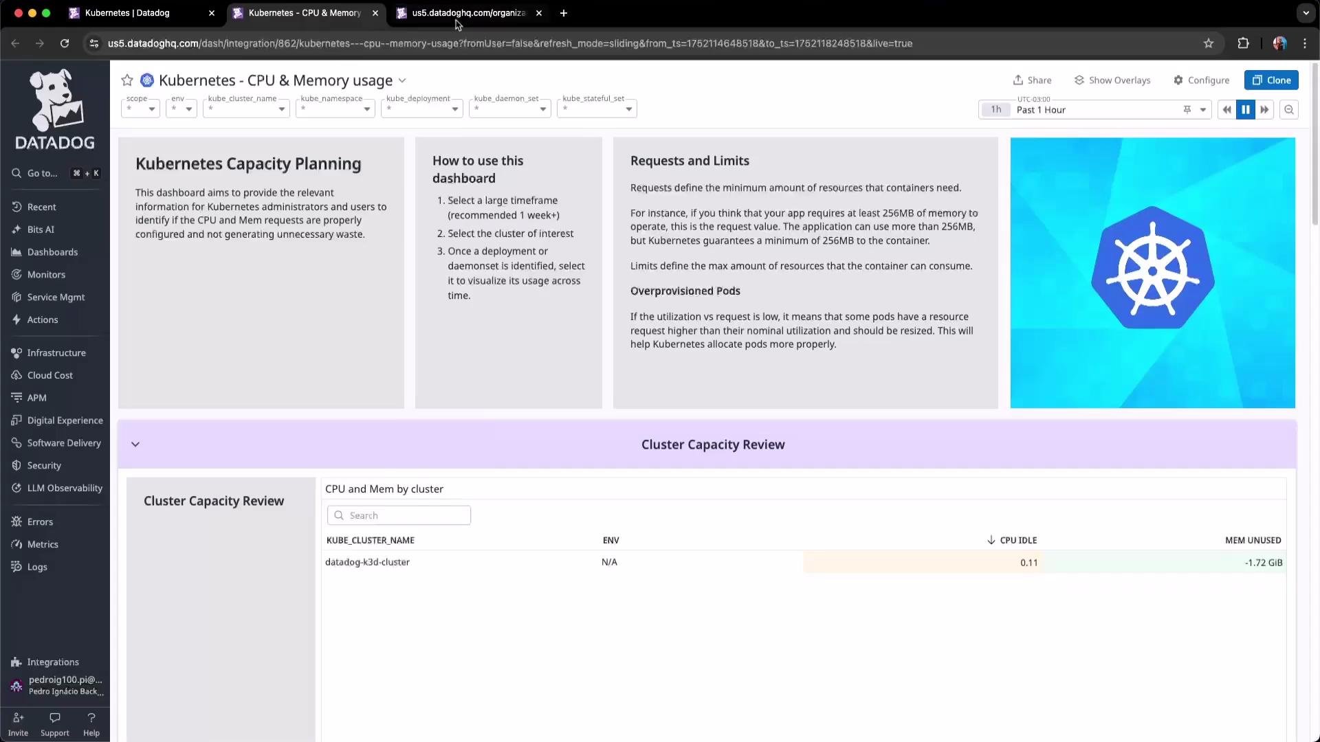 The image shows a Datadog dashboard displaying the state of Kubernetes resources, including clusters, namespaces, nodes, and other metrics, alongside information on autoscaling operations and resource costs.